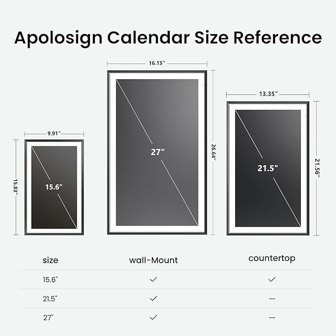 Apolosign 21.5-inch Digital Calendar : Dual Mode Smart Wall Planner, No Subscription, Install Apps, Sync Calendars, Electronic Touchscreen Interactive Display for Family Schedules, Chore Chart (Black)