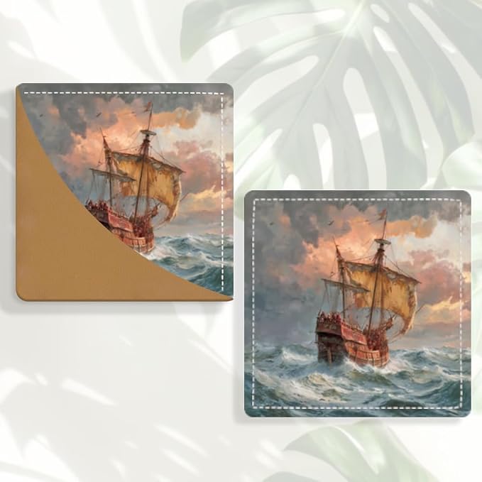 2PCS PU Leather Bookmarks 3.5x3.5 Inch Sailing Ship Ocean Design | PU leather bookmarks for books with watercolor sailing ship design for adventure novels, travel journals and ocean lovers.