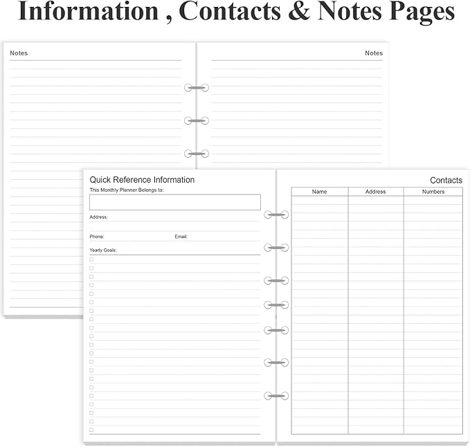 Monthly Planner Refills for Mini Binders - 53 Sheets/106 Pages Undated Colorful Monthly Planner, 7-Hole Punched, 100 gsm White Paper, Lasts 2 Year, Undated, 5.8" x 8.3"