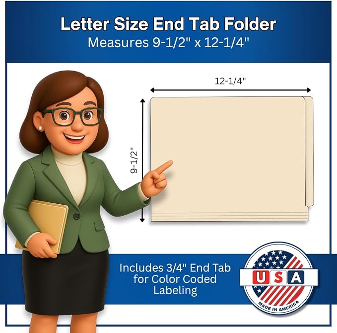 End Tab File Folders for Medical Records, Doctor Stuff, 11pt Manila Reinforced Tab Letter Size USA Made, Box of 100