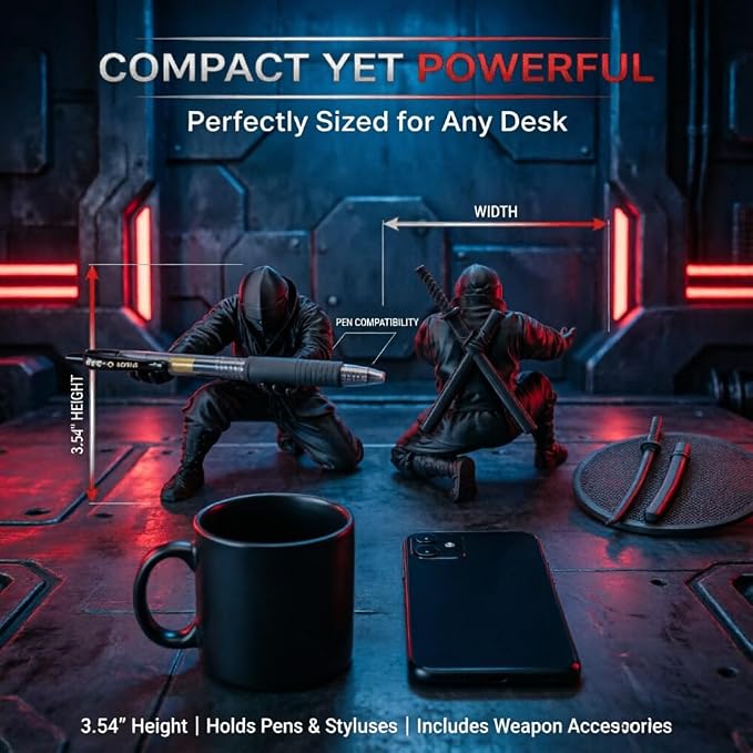 HUBAI 2 Packs Ninja Pen Holder For Desk,Ninja Warrior Pen Holder With Sword And Weapon Accessories,3D Printed Creative Ninja Desk Organizer with Sword,Office Desk Accessories(Red and Black)