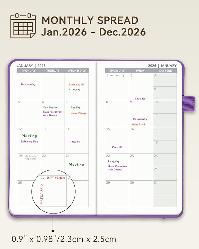2026 Pocket Calendar by YihurKis - Weekly and Monthly Planner, 3.5'' x 6'', 2026 Purse Planner with Pen Holder, Leather Hard Cover, Inner Pocket For Men & Women - Grey Black