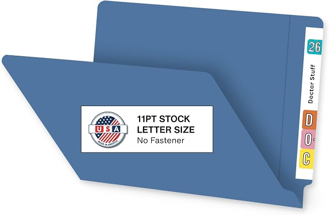 Blue 11pt End Tab File Folders No Fastener, USA Made, Doctor Stuff, 100/Box | 11pt end tab folders, USA made, no fasteners. Medical, legal, and office filing.
