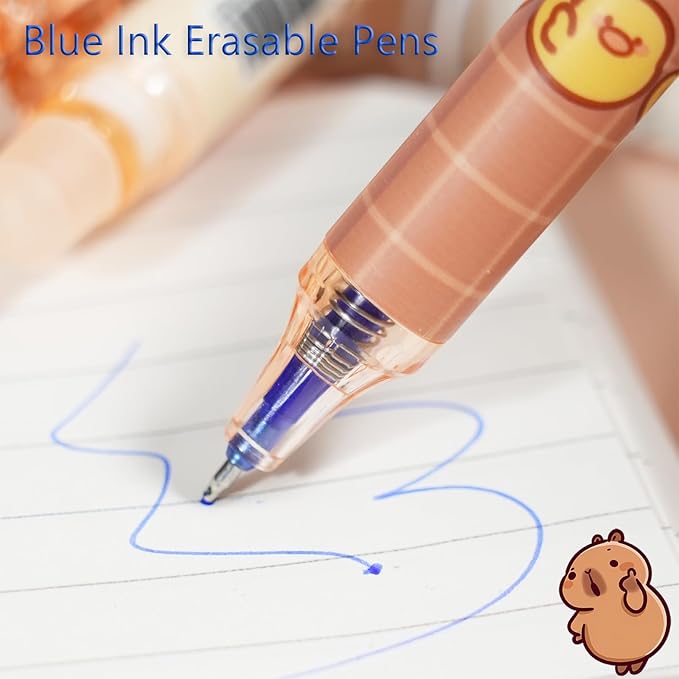 12-Pack Cute Erasable Pens, 0.5mm Fine Tip Blue Ink Retractable Pen, Adorable Capybara Stationery Set, Ideal for Office, School, Women and Men (Blue Ink - Capybara)