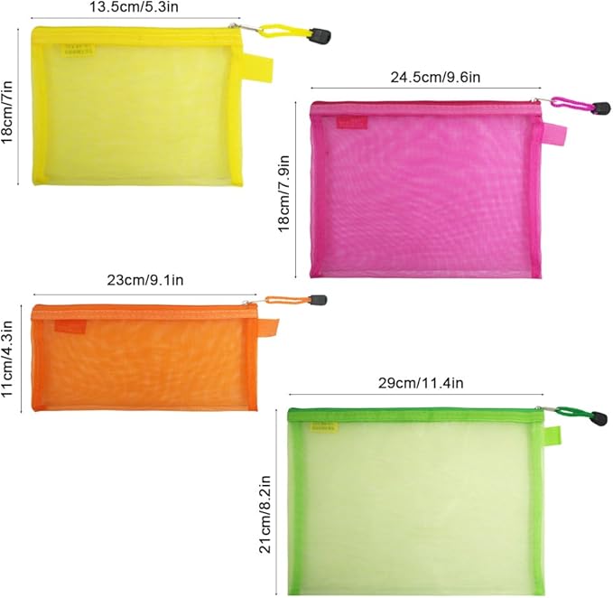 8 Pcs Zipper Mesh File Bags Folder Document Pockets with Bill B5 A5 A6 Size, AFUNTA 4 Color 4 Size Nylon Pencil Case Cosmetic Storage Office Pouch Holder- Orange, Yellow, Green, Rose Red