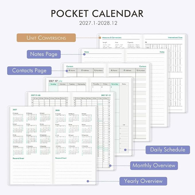 Pocket Calendar 2027-2028 for Purse, Small Pocket Planner 2027-2028 for Purse 3.5×6.5In, 24 Month Organizer from Jan 2027- Dec 2028 Mini Planner with Pvc Cover for Organizing & Planning