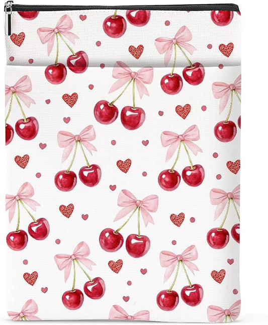 Cherry Bows Decor Book Lovers Gifts Waterproof Book Sleeve Books Pouch Books Protector with Zipper and Front Pocket Bookish Gifts Cover Case for Women Girl Friend Reader Reading Accessories