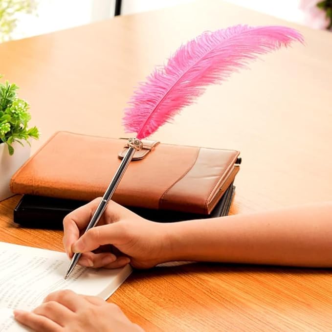 Pink Stainless Steel Feather Pen Wedding Signing Pen Fancy Ballpoint Pen Vintage Signature Gift Writting for Home Office Party, Writing and Correction Supplies, Decorations