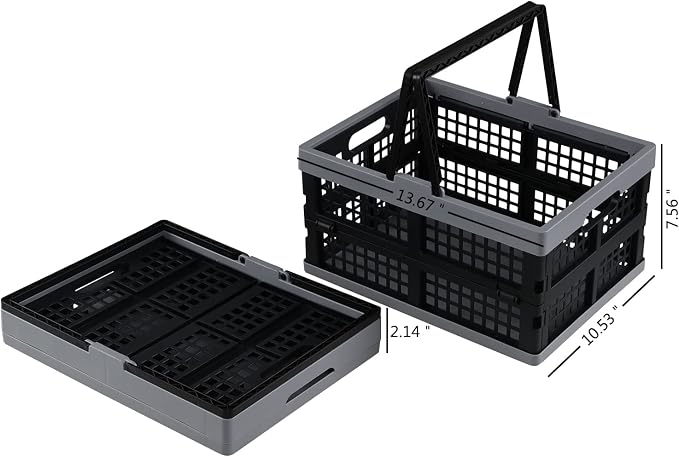 Pack of 2 Collapsible Shopping Baskets, 15 Liter Folding Plastic Crate with Handles, Moving Storage Crate Small Stackable Containers Bins, Black