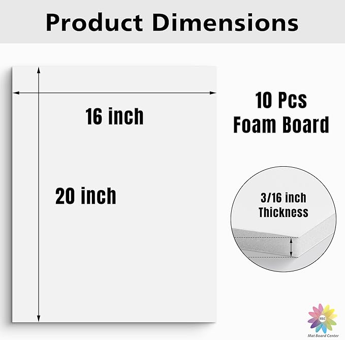 Mat Board Center Premium White Foam Core Board - 16x20 Inches, 3/16" Thick - 10 Pack, Acid-Free - Ideal for Mounting, Crafts, Art, and Presentations