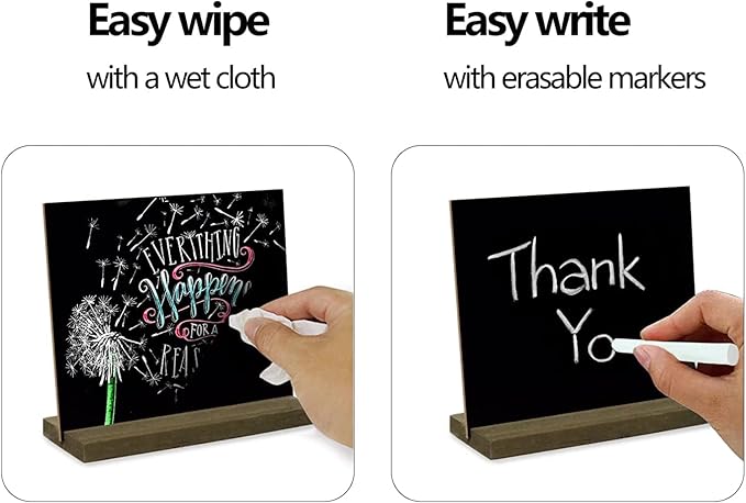 12 Pack Mini Tabletop Chalkboard Sign with Base Stand, 5 X 6 Inch Vintage Wooden, Ideal for Table Numbers, Food Signs, Message Boards, Party Decorations, Event Supplies