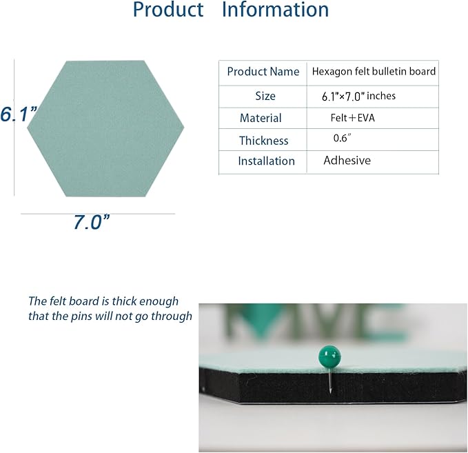 10Pcs Self Adhesive Felt Board Tiles Hexagon Bulletin Board for Walls, Felt Cork Pin Board for Pictures Photos Memos with Push Pins (Color G)