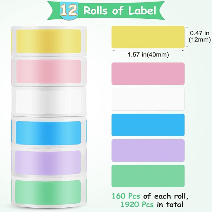 Marspark 1920 Pieces Label Tape Print Stickers Laminated Labeling Paper Replacement Compatible with D30 Portable Printer, 160 / Roll, 12 x 40 mm, Colorful