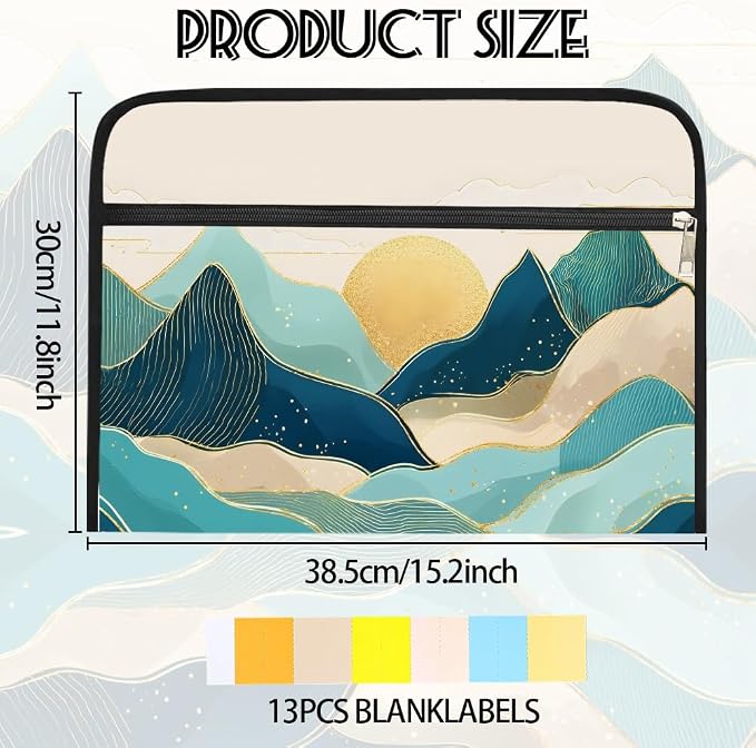 WEBEEDY Boho Mountains Expanding File Folder Bohemia Sunset 13 Pockets Accordion File Organizer with Labels and Zipper Portable Accordion Folder Document Organiser for A4 Paper Photo Receipt Paperwork