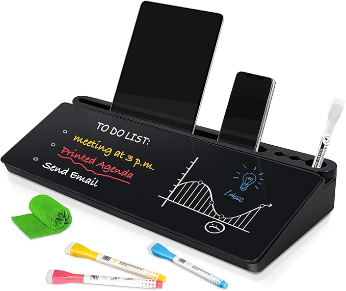 DOLLAR BOSS Glass Desk Whiteboard Small Dry Erase Board Desktop White Board with Storage Drawer Computer Keyboard Stand Desk Organizer Office Accessories School Supplies with 4 Markers 1 Rag, Black