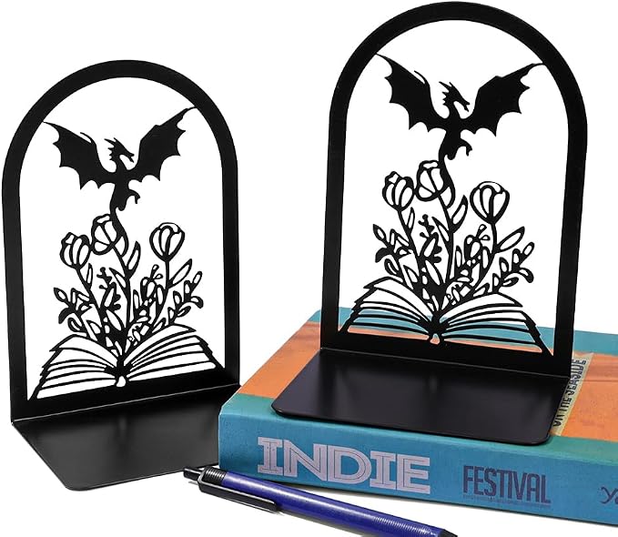 Book Ends, Bookends, Book Ends for Shelves, 1 Pair Non Skid Metal Book Divider Decorative Holder, Abstract Art Desgin Book Stopper Supports for Office, Home (Dragon A)