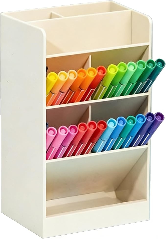 Tissting Desk Organizer, Space-Saving Slanted Design Pen Holder, Pen Holder with 7 Compartments, Pencil and Marker Storage Stand for School Office, Organizer for Office, School Supplies (White)