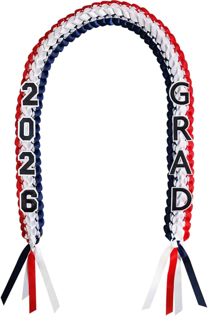 Graduation Leis 2026 Money Ribbon Leis for Graduation Class of 2026 Braided 48inch Graduation Necklace for High School,College Graduation Party Gifts,Navy Blue,White and Red