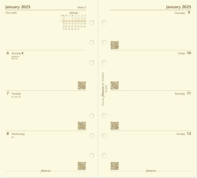 Filofax Calendar Diary Refill, Personal/Compact Size, Week-to-View, Cotton Cream Paper, Unruled, English, 2025 (C68424-25)