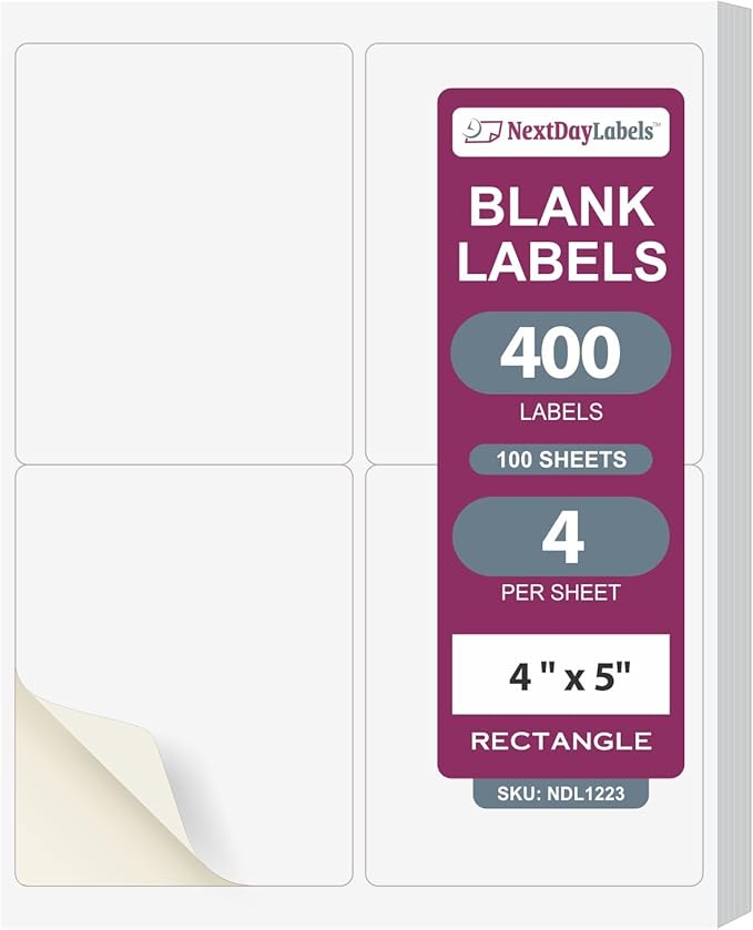 NextDayLabels 4x5 Inch Rectangle Stickers White Blank Labels for Laser Inkjet Printer - 4 Per Sheet Self-Adhesive Shipping Product Packaging Made in USA - 400 Labels
