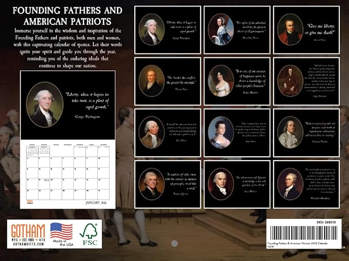 Founding Fathers Calendar 2026 Patriotic American History Monthly Wall Calender 12 Month | American Made In The USA