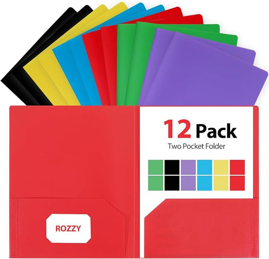 Plastic Folders with Pockets, 2 Pocket Folders for Letter Size 8.5 x 11 Paper, 6 Rainbow Colors, Colored School Folders with Business Card Slot, Back to School Supplies for Students, Office