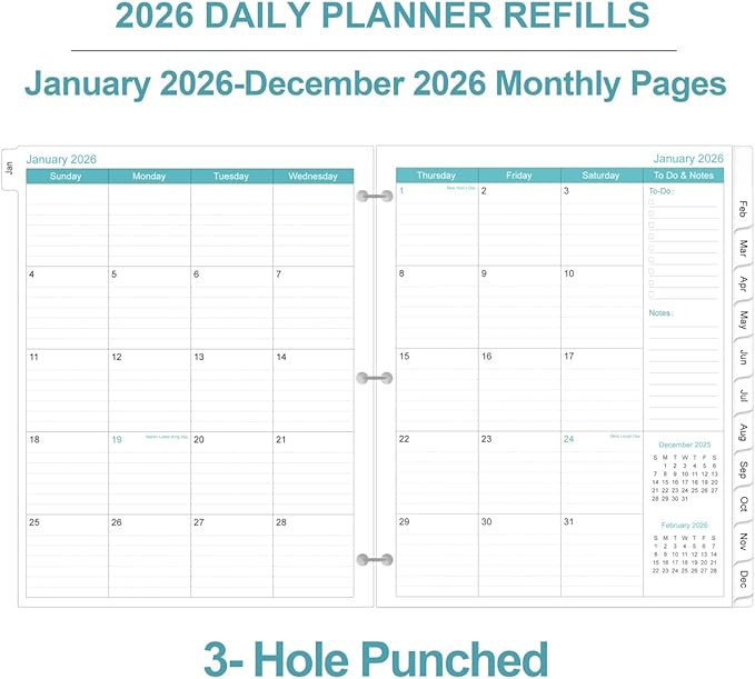 2026 Planner Refill - One Page Per Day, 3-Hole Daily ＆ Monthly Planner Refills, January 2026-December 2026, Prioritized, To-Do List, Notes, Appointment Schedule, Folio Size, 8.5" x 11"