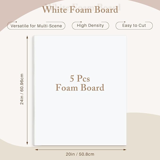 AUEAR, 5 Pack 20x24 White Foam Boards, Foam Core Poster Board for Display, Mounting, Print, Presentation and Projects, 1/8'' Thick