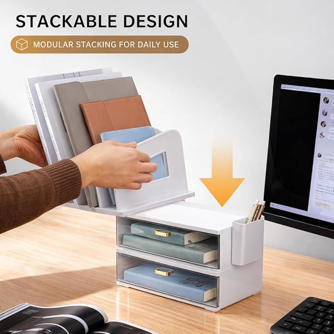 CiWiVOKi White Desk Organizer with 4 File Holder Slots, 2 Clear Drawers & Dual Pen Holders, Sturdy Multi-Functional Desktop Storage for Home Office, Mail Sorter & Caddy