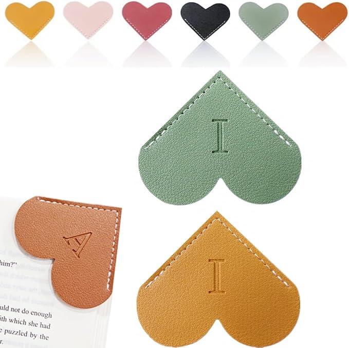 Personalized Leather Heart Bookmark, 26 Letters Customized Corner Book Mark for Reading Women, Book Marker with Initials，Cute Gifts (Green+Light Brown, I)
