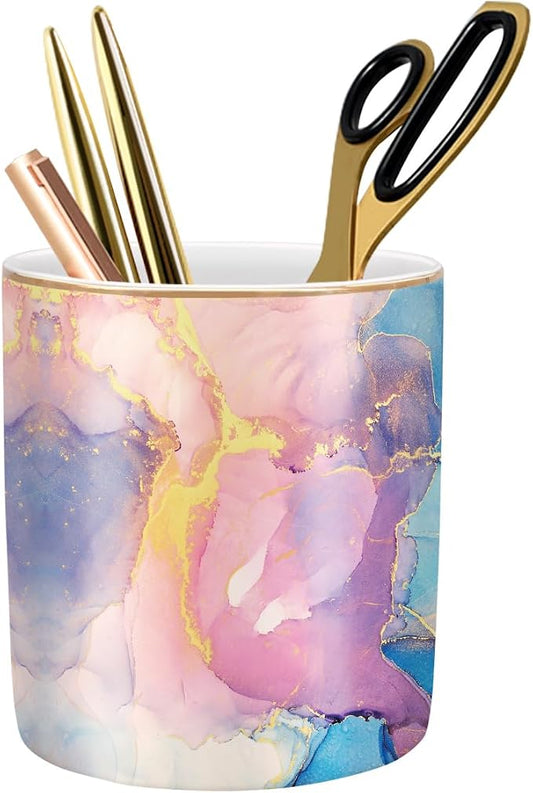 Cute Desk Pens Holder, Pencil Cup Holder for Desk, Ceramic Desktop Storage Pen Pencil Organizers Stationery Supplies for Office, Home, Gold Pattern