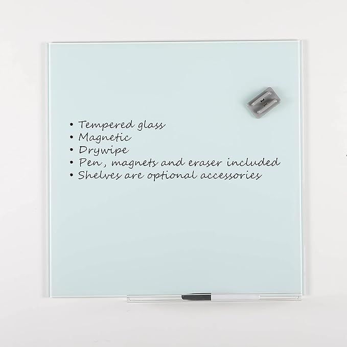 M&T Displays Wall Mounting Tempered Glass Dry Erase Write On Board Set Clear with Whiteboard Marker 4 Magnetic Pins for Office School Home Kids (13.78x13.78 inch)