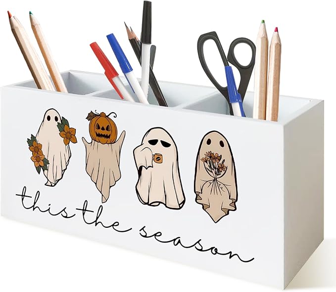 Funny Ghost Halloween Pen Holder for Desk, Spooky Pumpkin Wooden Box Sign Desk Decor for Home Office Decoration, Cute Ghost Pencil Organizer, Fall Halloween Decor