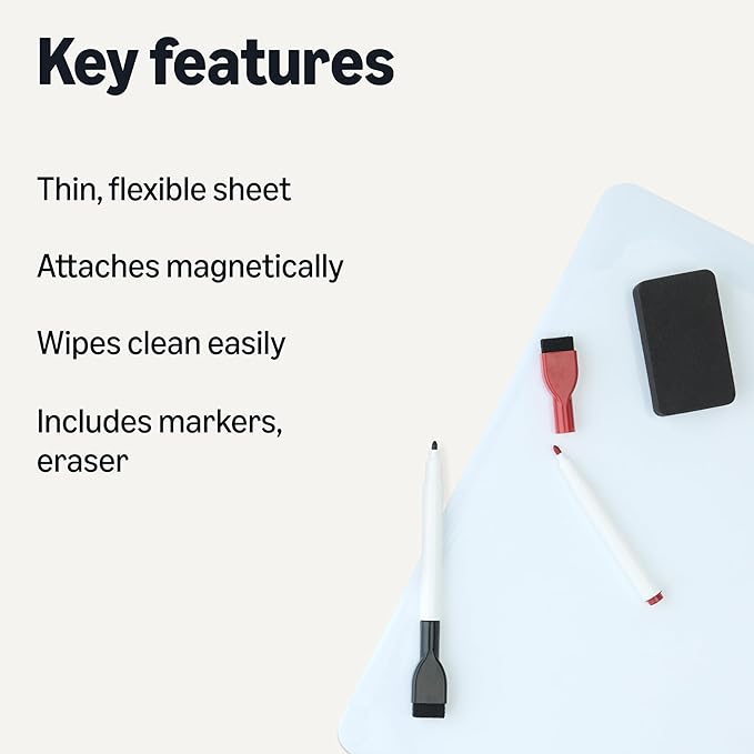 Amazon Basics Magnetic Dry Erase Board for Fridge, Whiteboard Sheet, 20" x 13", with 2 Markers and Eraser