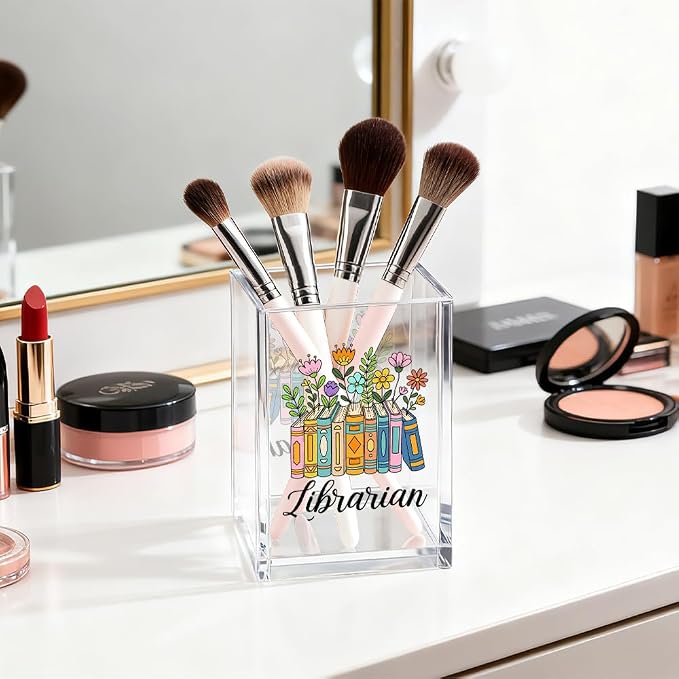 Librarian Acrylic Pen Holder Cosmetic Organizer, Funny Pencil Pen Holder for Desk, Reading Nook Accessories for Library Lover Teacher, Librarian Day Appreciation Birthday Back To School Gifts