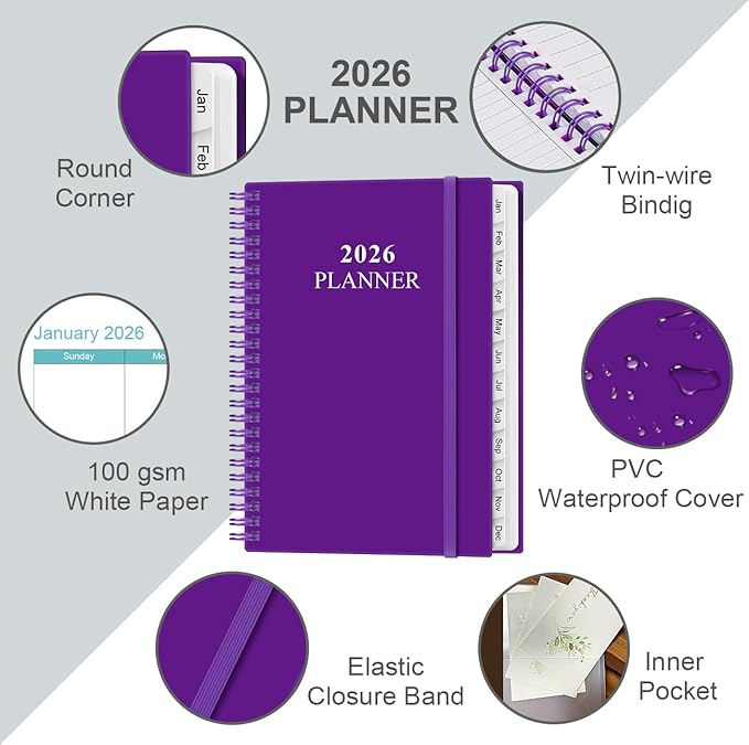 2026 Planner - Weekly & Monthly Planner from January 2026 - December 2026, Planner 2026 with Flexible Cover, Tabs, Inner Pocket, 6.4" x 8.5", Purple