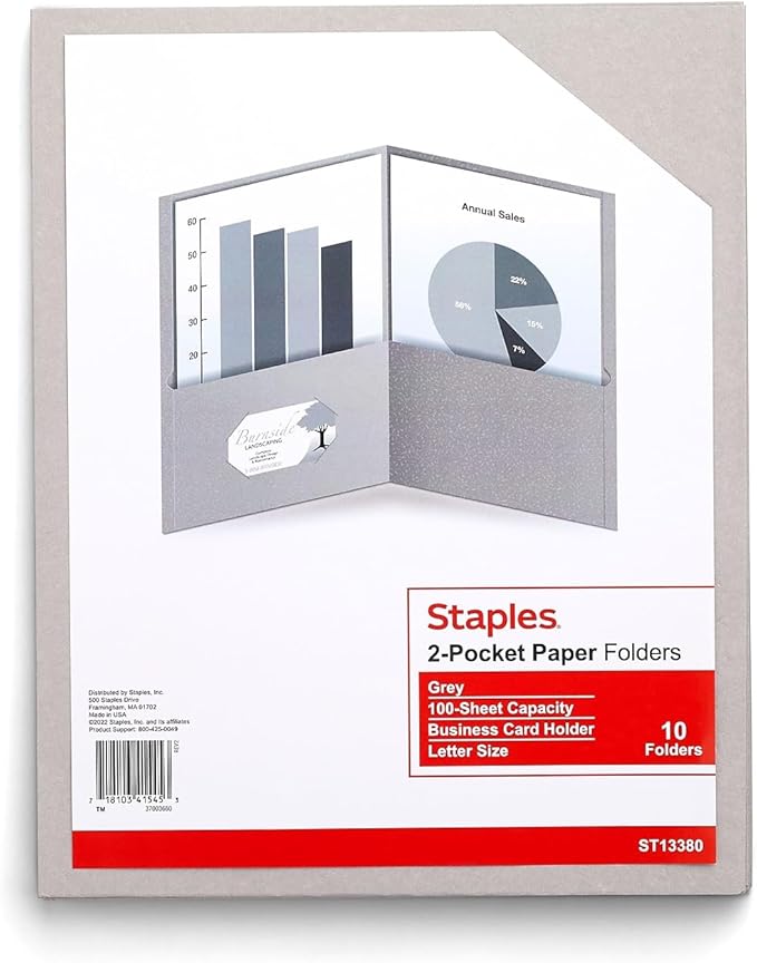 Staples 2-Pocket Paper Folder, Gray – Letter Size School & Office Folder for Documents and Reports