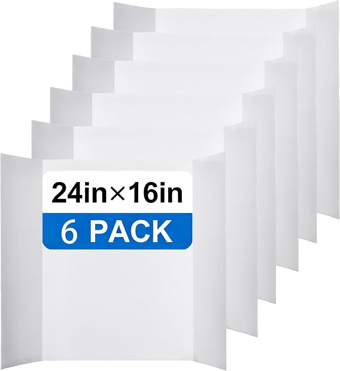 6 Pack Trifold Display Board (24" x16"), White Corrugated Poster Board for School Projects, Science Fairs, Presentations