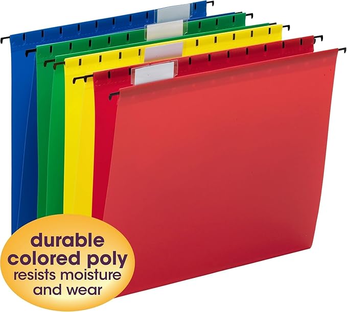 Smead Poly Plastic Hanging File Folders for Documents with Tabs, Letter Size, 0.5 Inch Expansion, File Cabinet Organizer for Filing Cabinets, Assorted Primary Colors, 12 Pack, Office Supplies (64026)