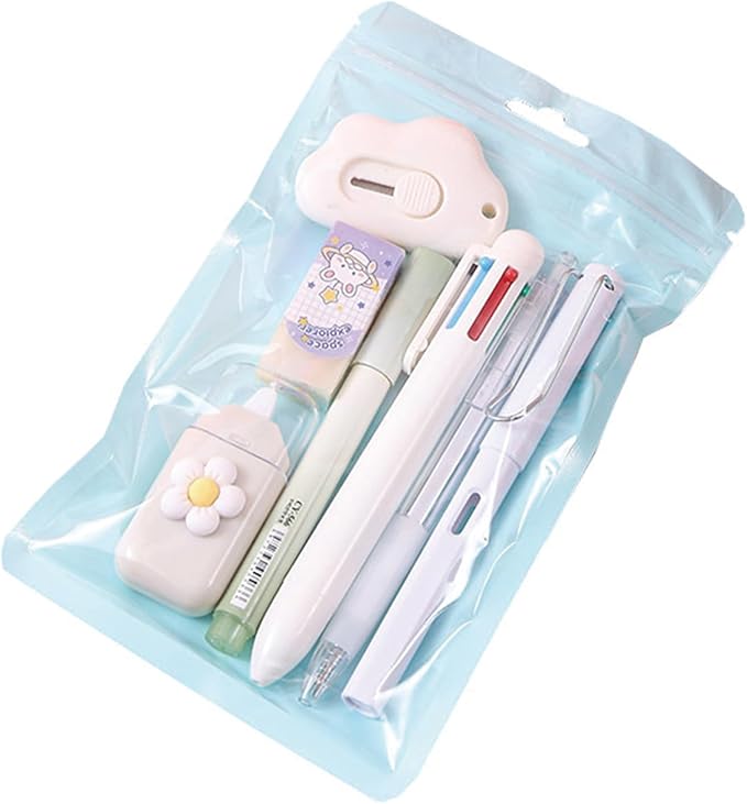 7 Pcs Cute White Stationery Set Kawaii School Supplies Office Supplies Including Ballpoint Pens Pencil Highlighter Correction Tape Utility Knife (White)