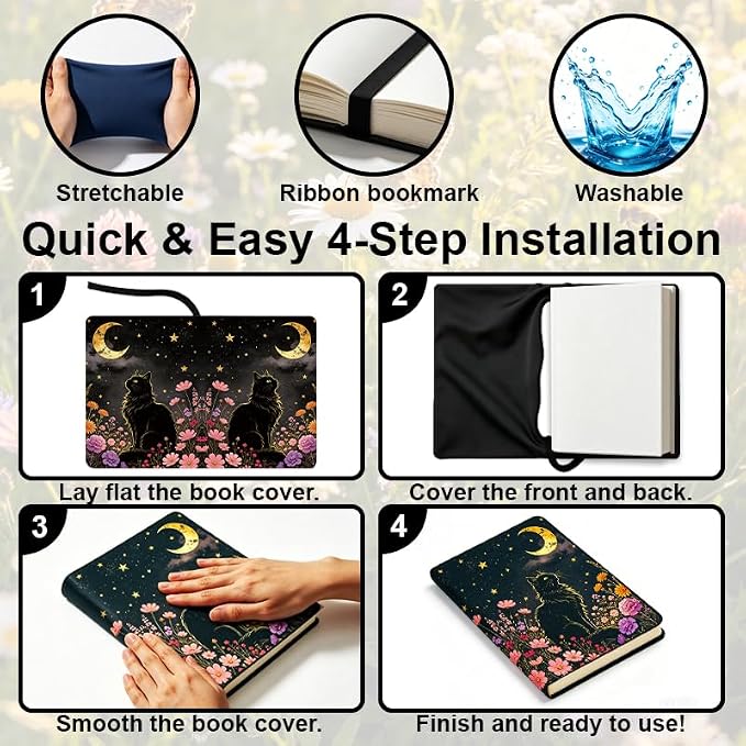 Cat & Flower Patern Stretchable Book Cover 15.7"x9.8", Elastic Washable Book Protector for Hardcover Textbooks Paperbacks, Reusable Polyester Book Sleeve for Women