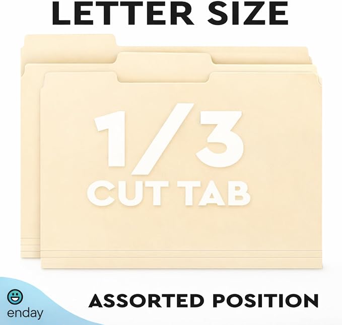 Enday Manilla File Folders Letter Size 1/3 Cut Tab (100 Pack) – Manilla Folders, Letter Size File Folders 1/3 Cut Tab for Office Organization & Document Filing