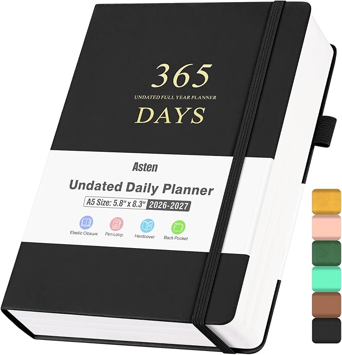 Daily Planner Undated, Planners 2026-2027, 365 Day Planners, Work Planner for Men, Hourly Planner Notebook for Goal Setting, Appointment Agenda, Hardcover, Start Anytime, A5, Black