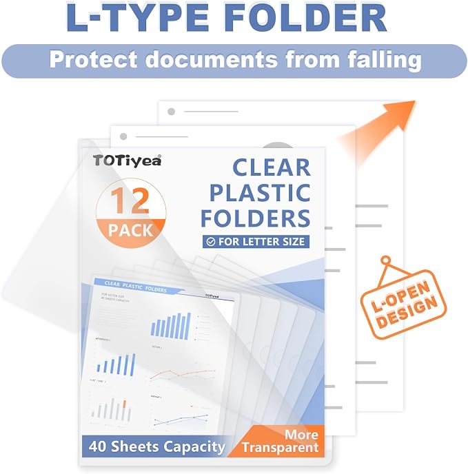 TOTiyea 12 Pack Clear Folder, 7Mil Plastic L-Type Folders, Clear Copy Safe Project Pocket, Fits Letter Size 8.5x11 Paper, Transparent