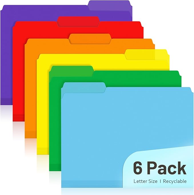 Comix Plastic Colored File Folders, 6 Pack, 1/3-Cut Tabs, Letter Size 8.5x11, 6 Assorted Colors, Poly Folders for Documents, Office, Home, School Organization