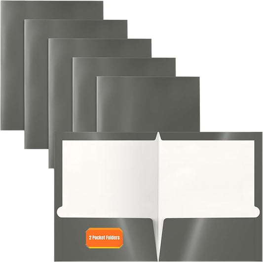 Better Office Products 2 Pocket Glossy Laminated Gray Paper Folders, Box of 25, Letter Size, Gray Paper Portfolios, 25 Pack