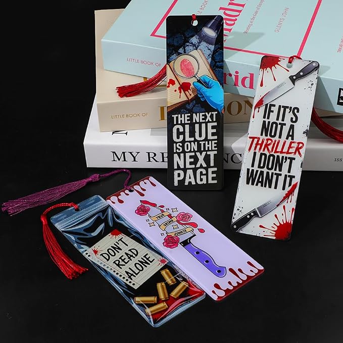 4Pcs Crime Scene Bookmark Set Acrylic, True Crime Book Marks with Tassels, Mystery Thriller Lover Gifts (4pcs True Crime)