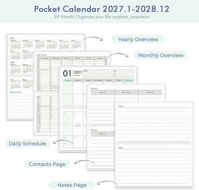 Pocket Calendar 2027-2028 for Purse, Small Pocket Planner 2027-2028 for Purse 3.5×6.5In, 24 Month Organizer from Jan 2027- Dec 2028 Mini Planner with Pvc Cover for Organizing & Planning