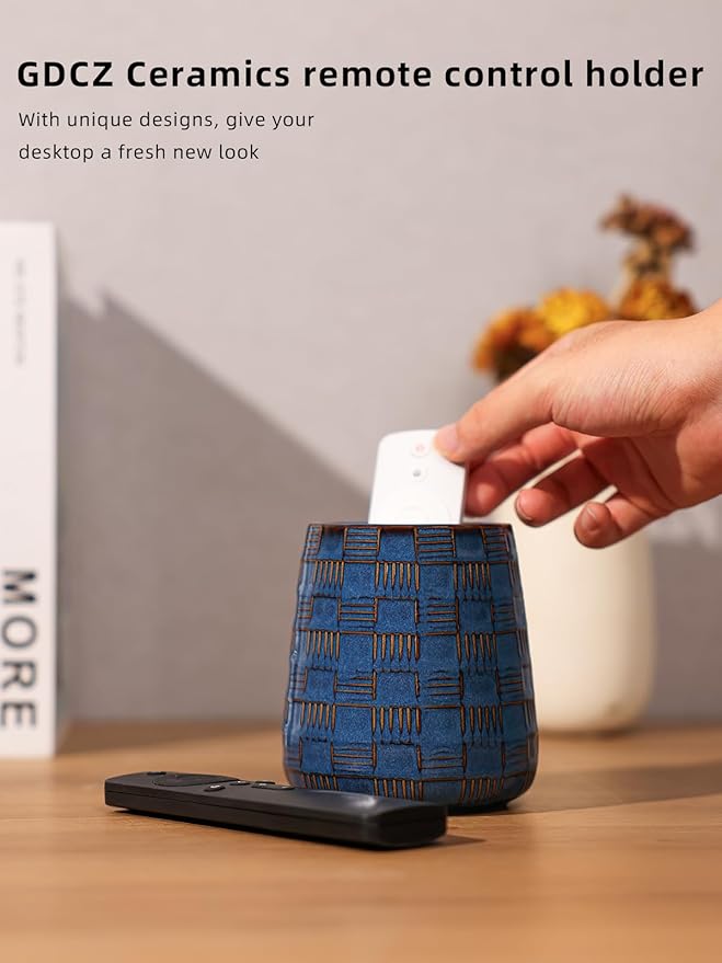 GDCZ Ceramic Remote Control Holder, Remote Caddy Organizer Storage, Remote Organizer for Table, TV Remote Holder, Makeup Brush Pen Holder, Space Save for Office Desk (Blue)