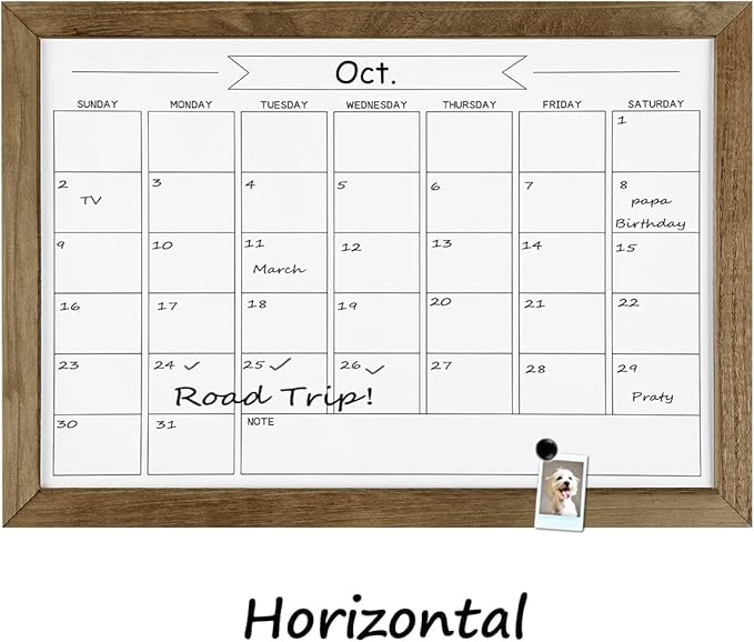Dry Erase Monthly Calendar Whiteboard, Magnetic White Board for Wall, Office/School/Home, Solid Pine Wood Rustic Brwon Frame Hanging Board for Kitchen Grocery List, 10.6"x 14.6"(YL-RB-2737-B)